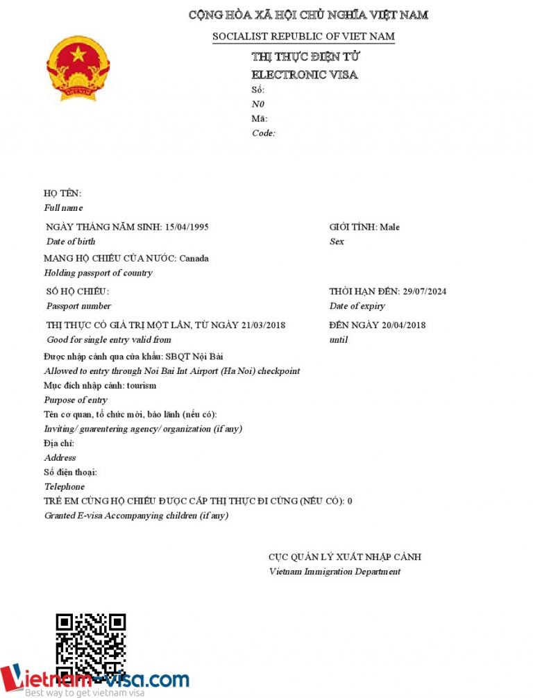 Sample of Vietnam e visa