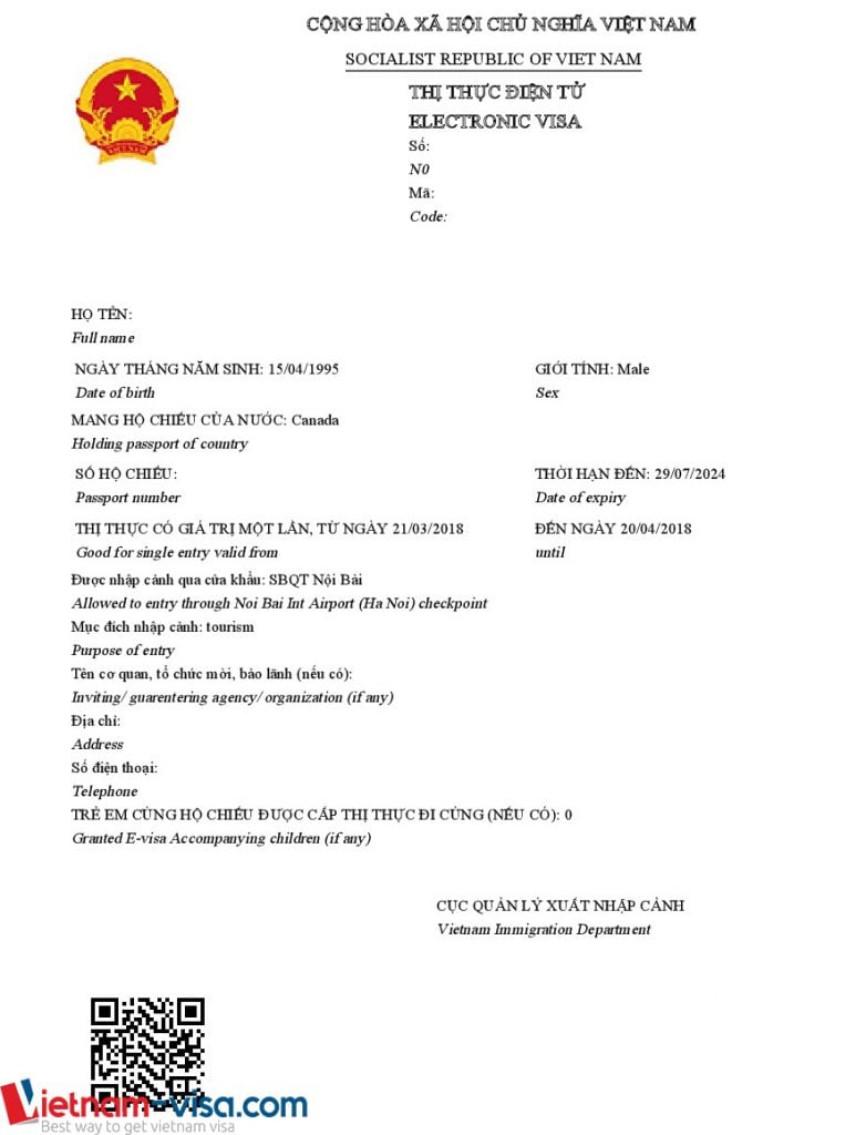 Sample of Vietnam e visa