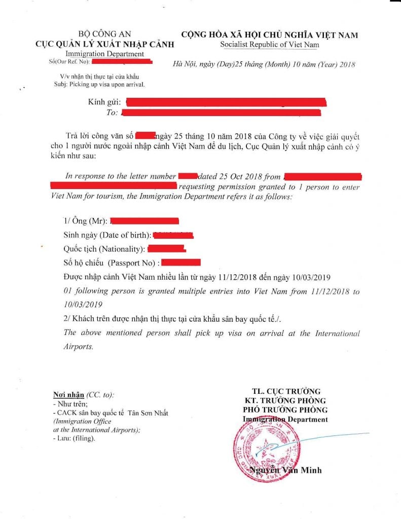 Approval letter for Vietnam multiple entry visa on arrival