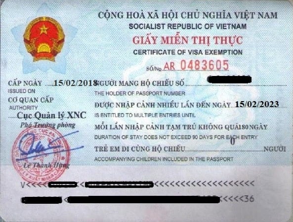 Sample Vietnam 5 years visa exemption certificate