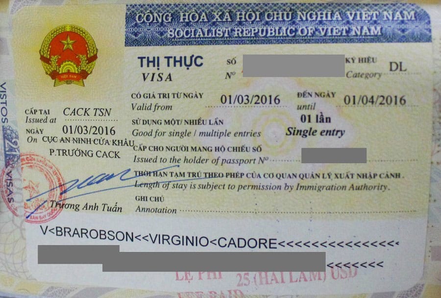 Visa nhập cảnh sân bay Việt Nam mẫu