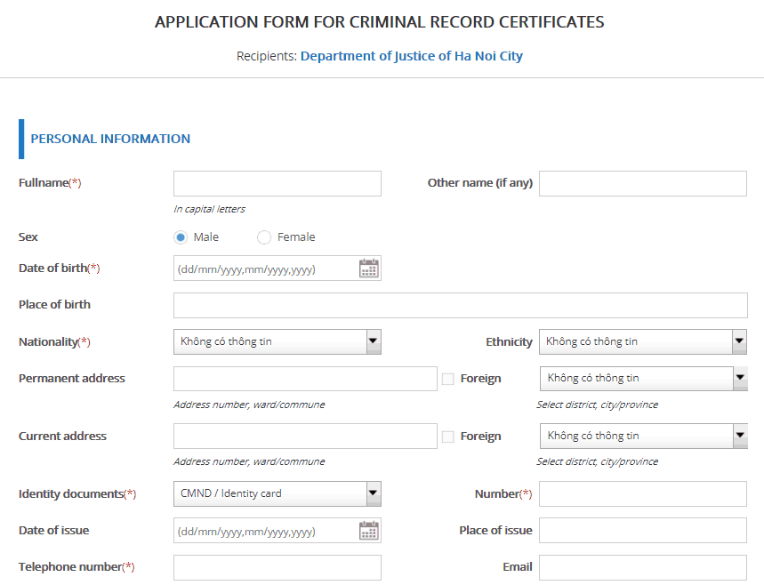 Online application form for police check in Vietnam