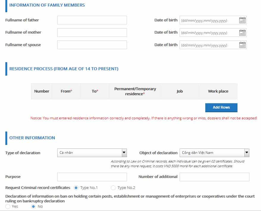 Online application form for police check in Vietnam - Section 2