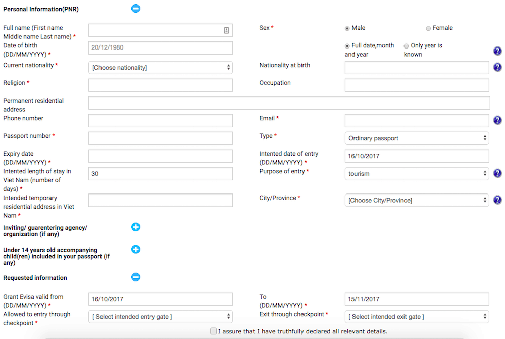 Vietnam e-visa application form