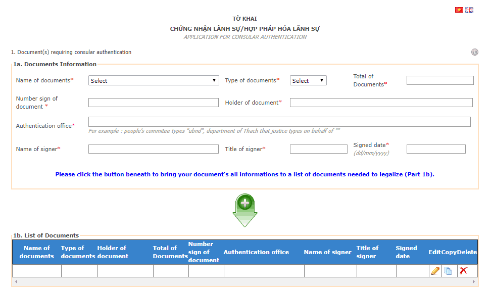 Request form for consular legalization in Vietnam