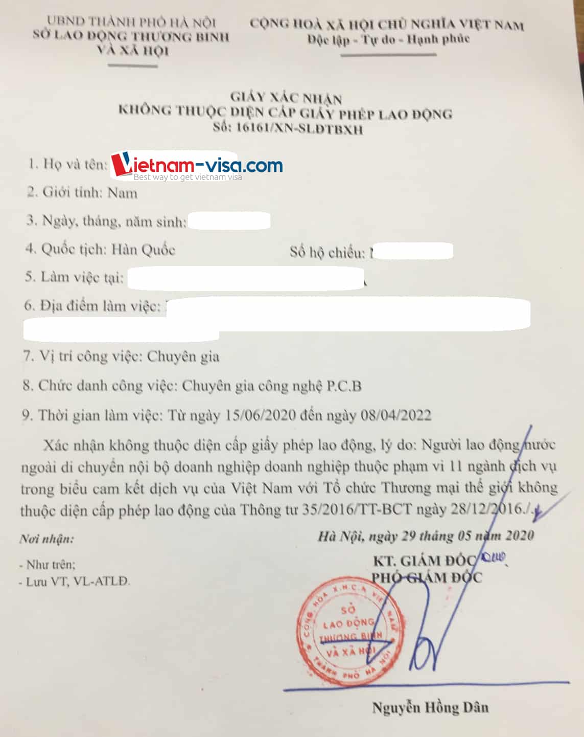 Sample Vietnam work permit exemption certificate