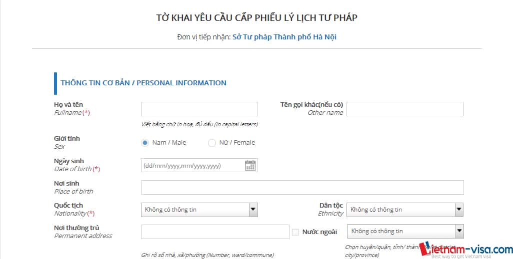 Phần thông tin cá nhân khi khai lý lịch tư pháp trực tuyến - Vietnam-visa