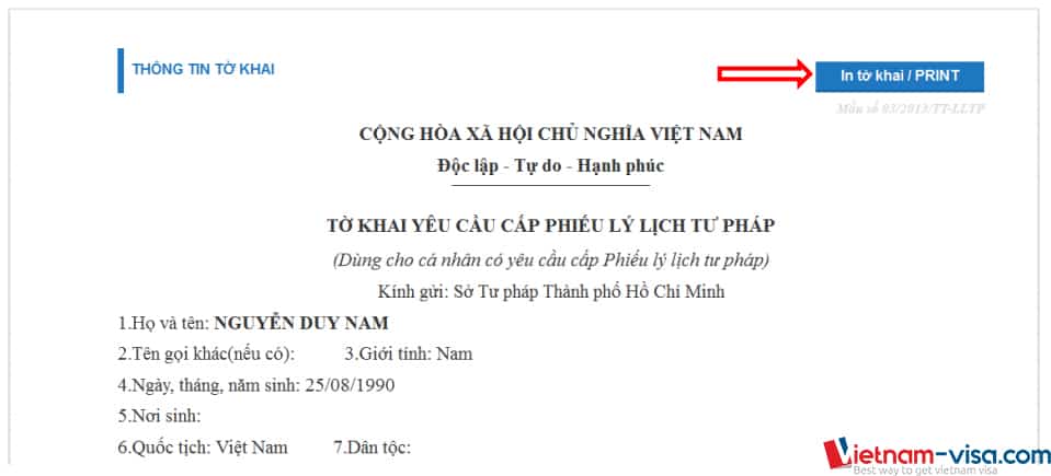 In tờ khai yêu cầu cấp lý lịch tư pháp online - Vietnam-visa