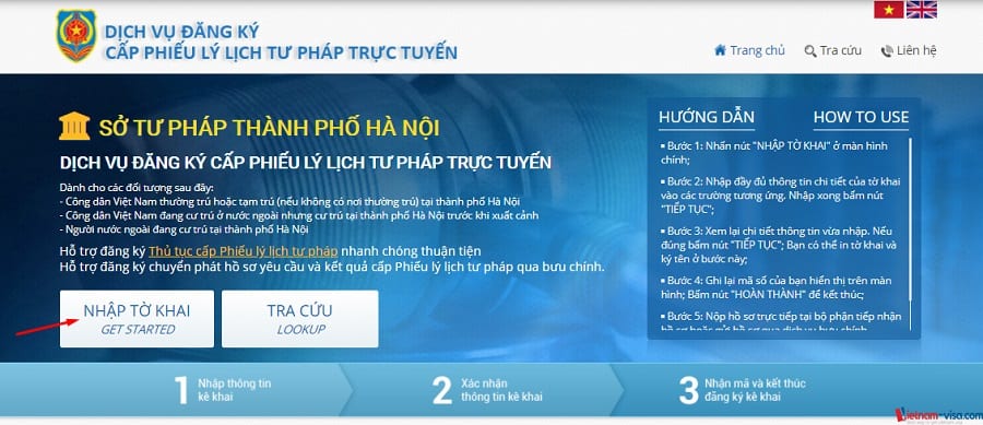 Bắt đầu nhập tờ khai yêu cầu Lý lịch tư pháp trực tuyến - Vietnam-visa