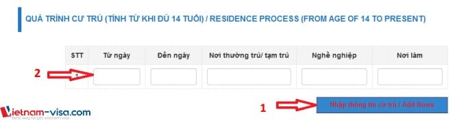 Phần Khai quá trình cư trú khi đăng ký lý lịch tư pháp trực tuyến - Vietnam-visa