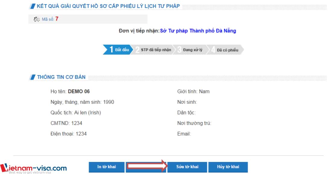 Sửa tờ khai lý lịch tư pháp - Vietnam-visa