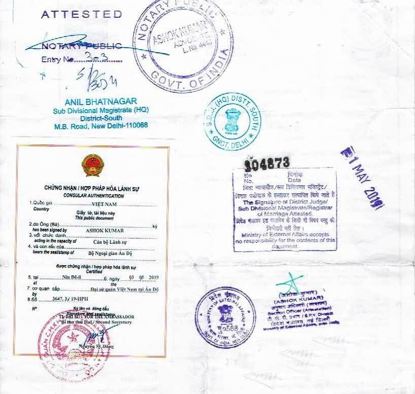 India document legalized by Vietnam Embassy in India