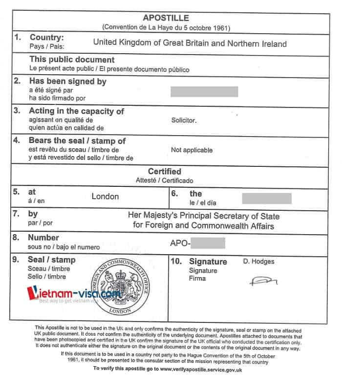 UK Apostille for legalization of UK documents for Use in Vietnam
