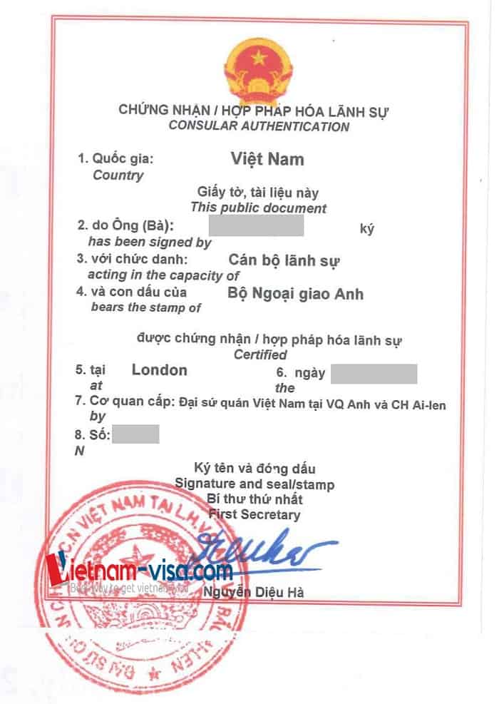 Vietnam embassy legalization stamp for UK documents to be used in Vietnam