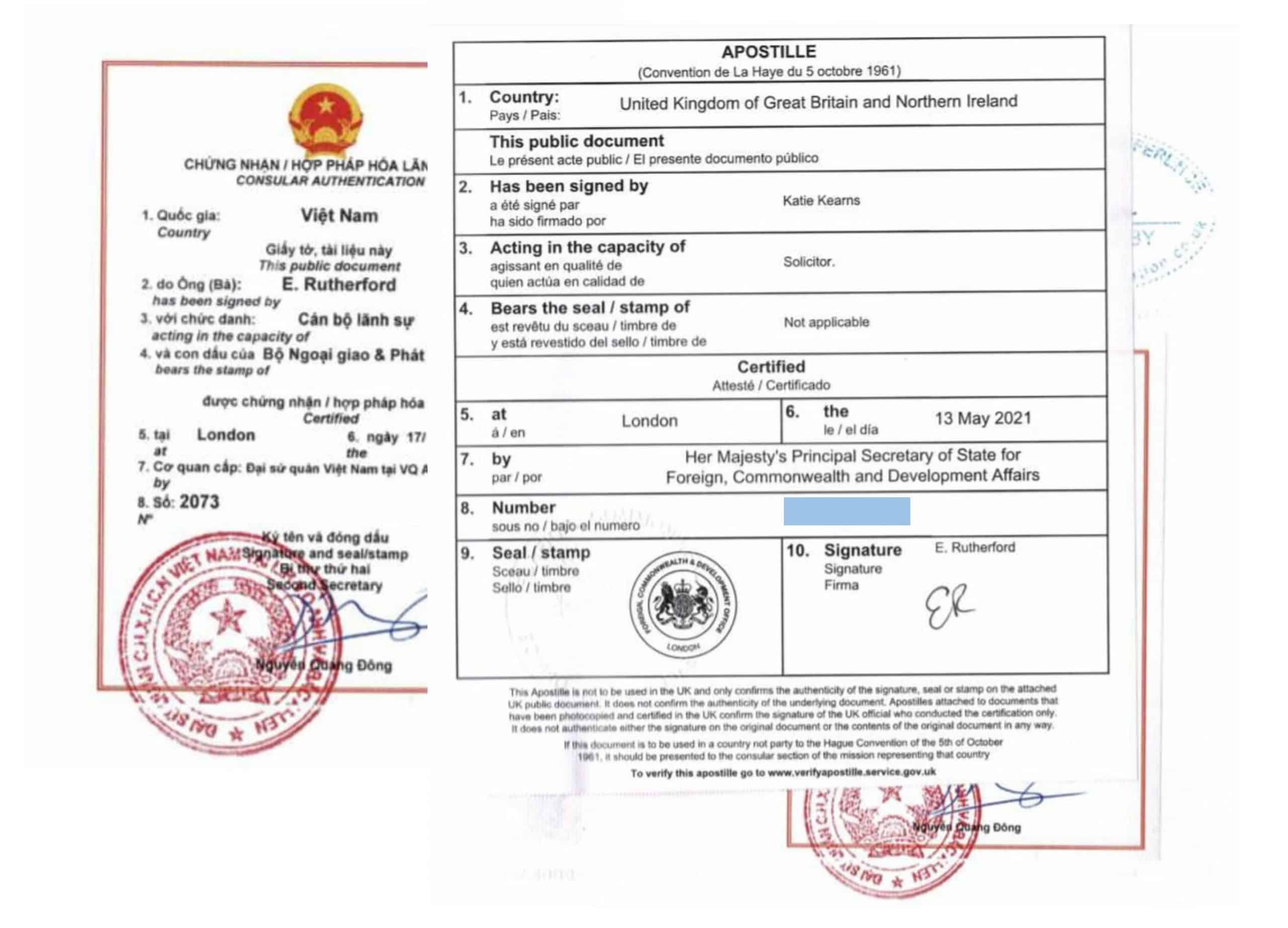 Apostille Anh - Legalization Đại sứ quán Việt Nam