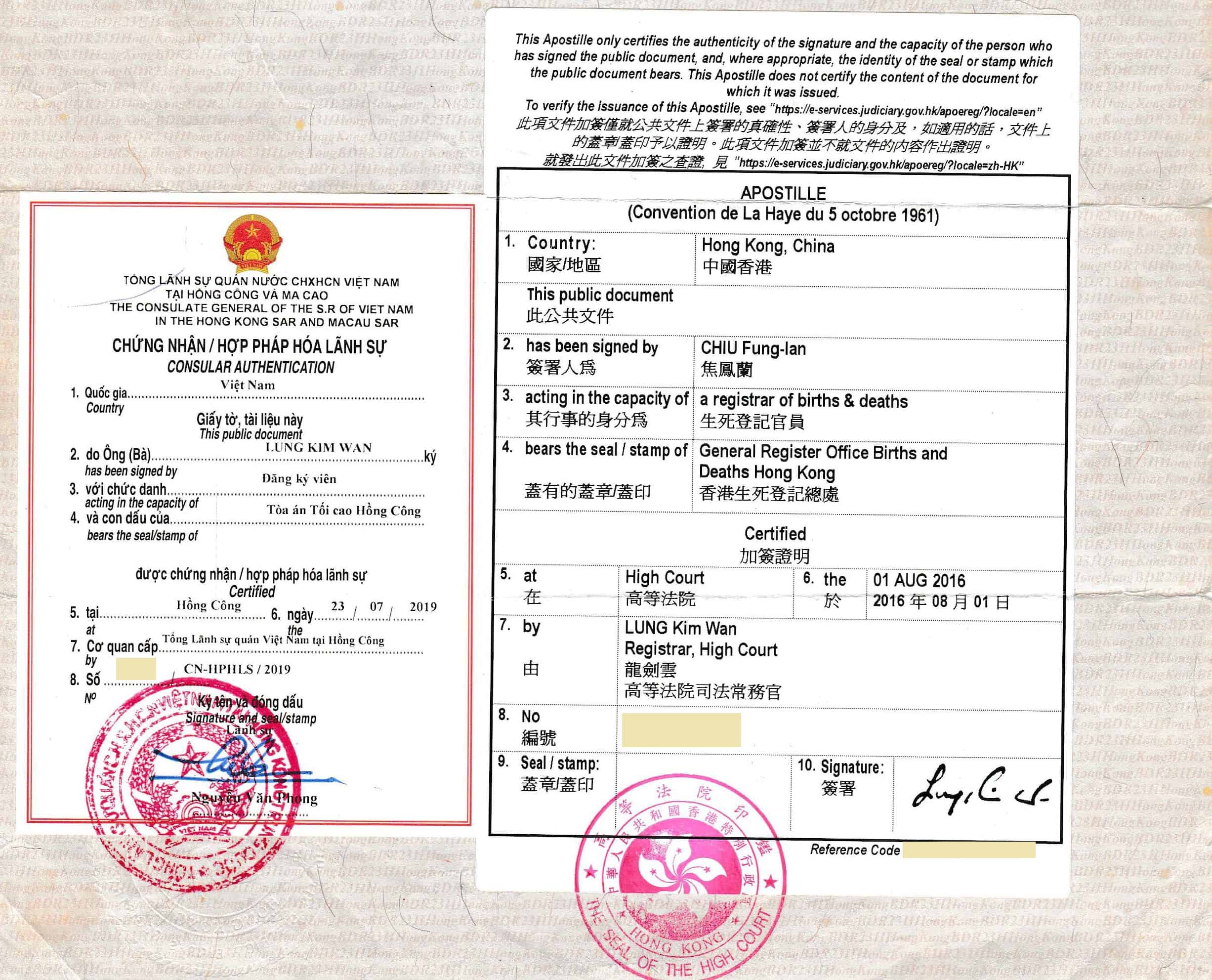 Stamps of legalization of Hong Kong documents for use in Vietnam - Vietnam-visa