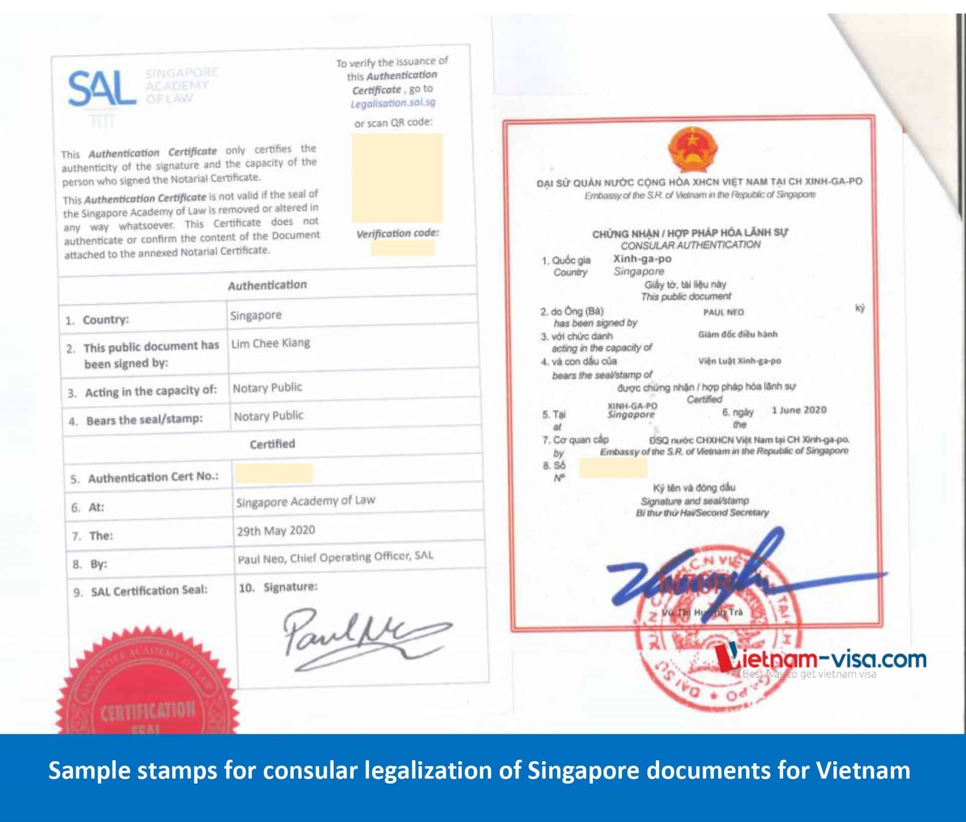 Stamps of legalization of Singapore documents for Vietnam - Vietnam-visa