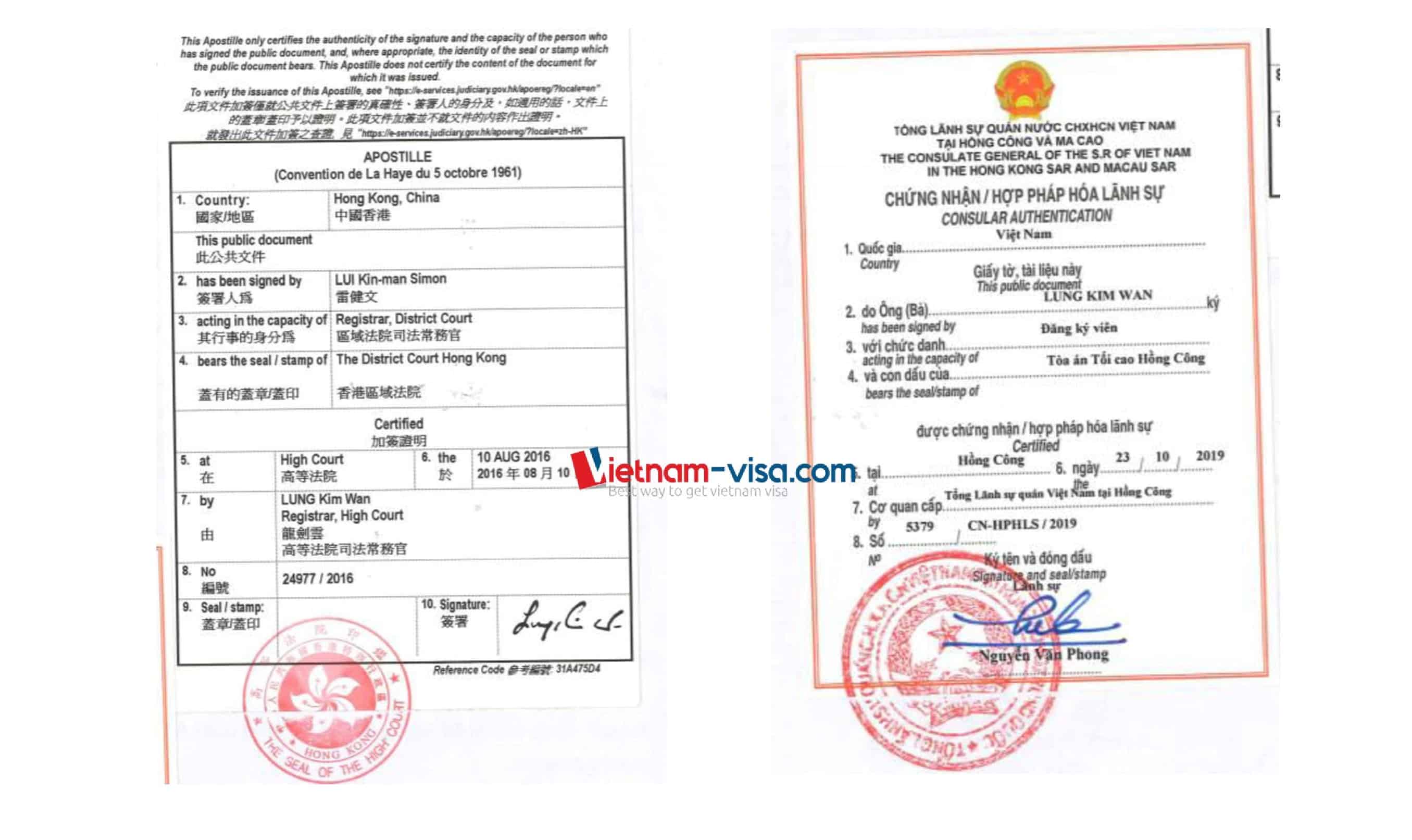 Tem Hợp pháp hóa lãnh sự Hong Kong giấy tờ Hong Kong để sử dụng tại Việt nam