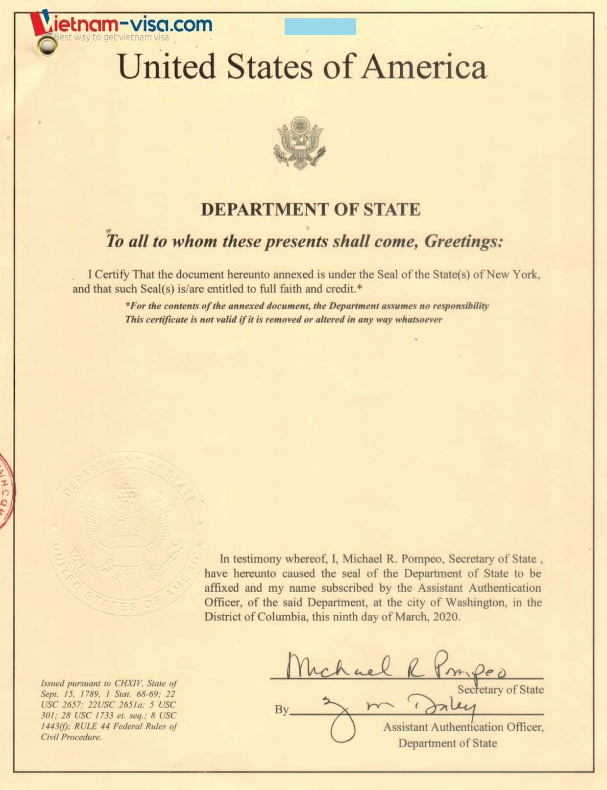 Sample of U.S Authentication Certificate