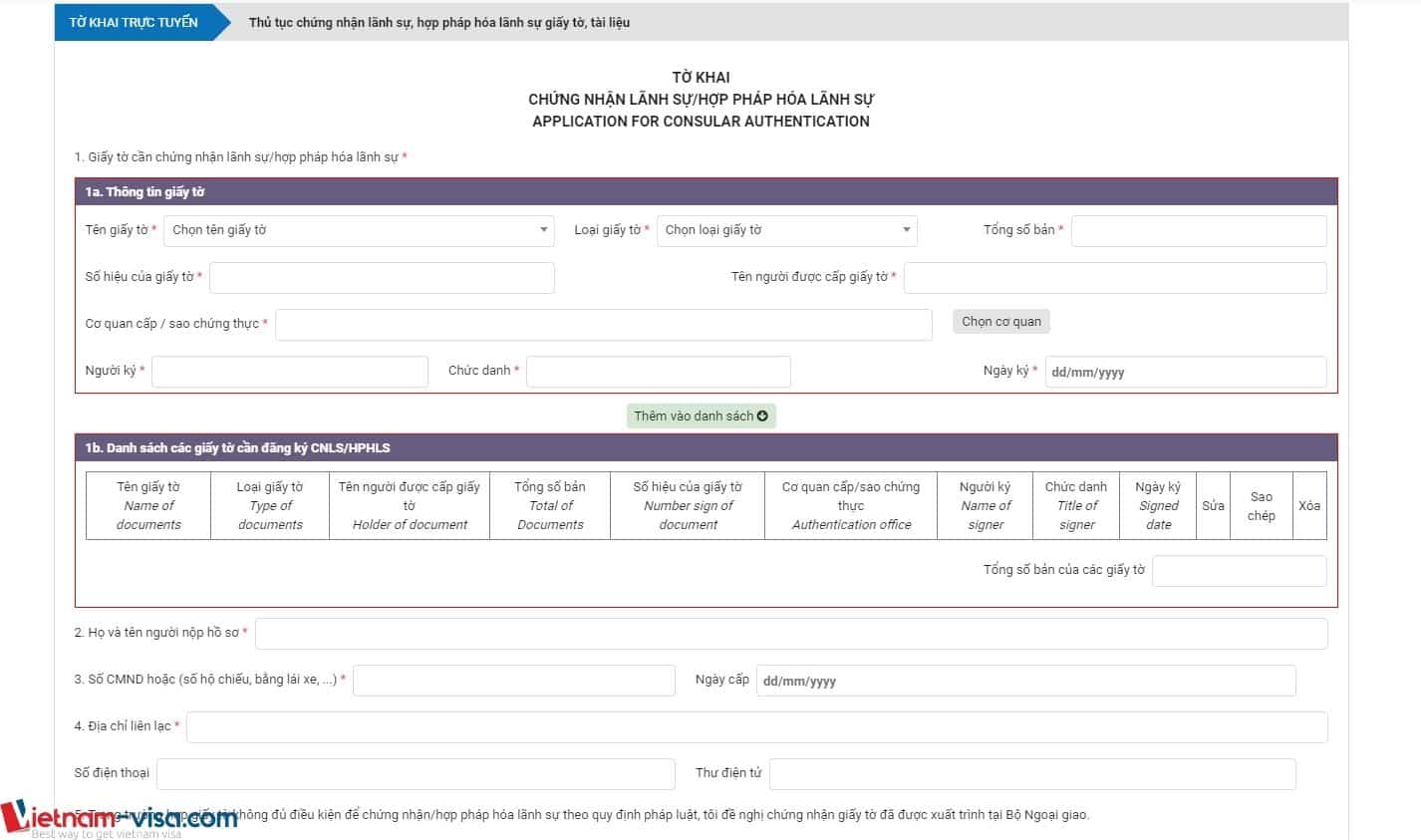 Mẫu tờ khai hợp pháp hóa lãnh sự online (trực tuyến)