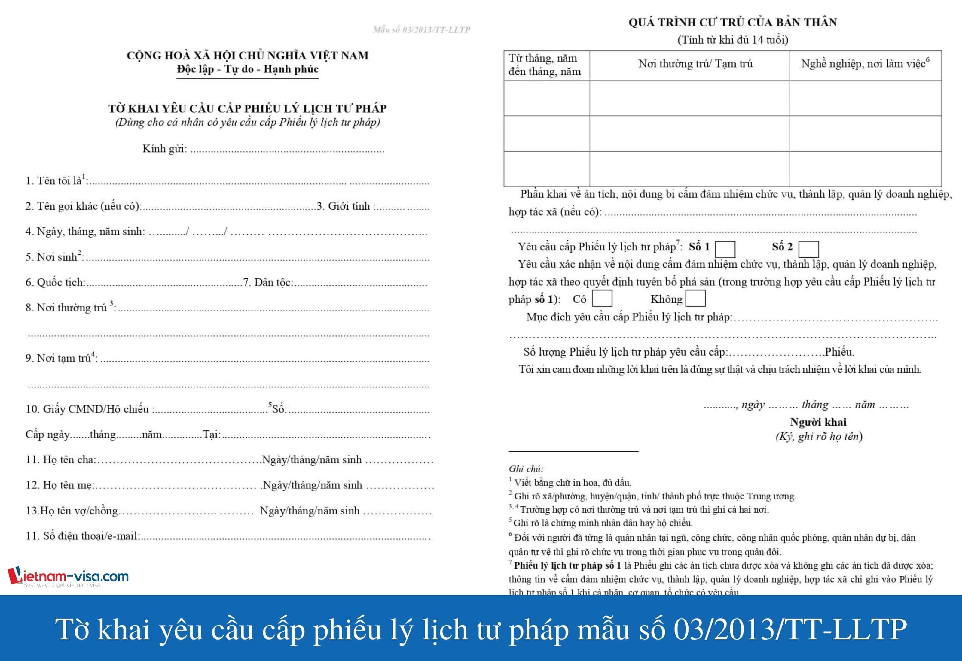 Tờ khai yêu cầu cấp phiếu lý lịch tư pháp mẫu số 03/2013/TT-LLTP