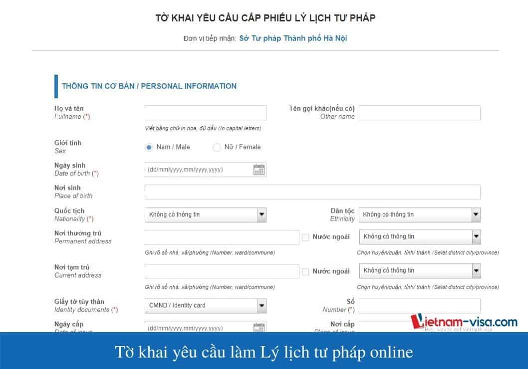 Mẫu tờ khai yêu cầu cấp Phiếu lý lịch tư pháp online