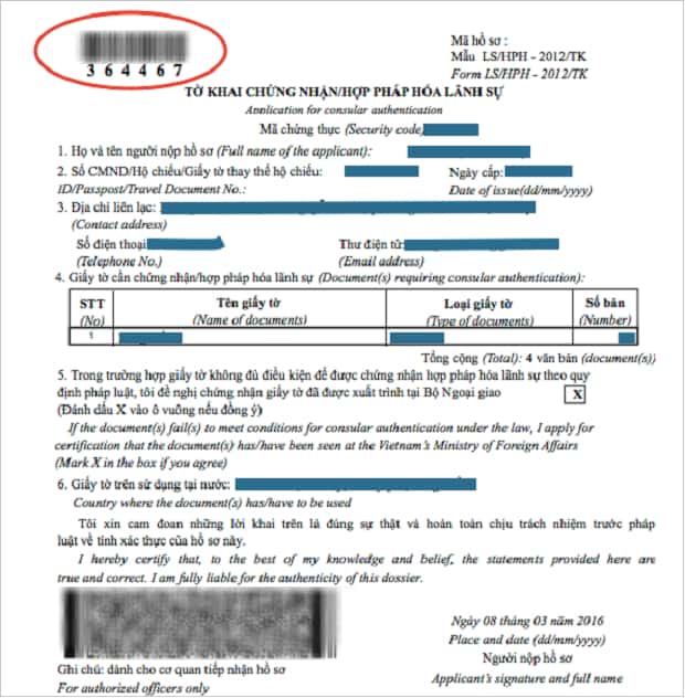 Mẫu Tờ khai hợp pháp hóa lãnh sự online đã hoàn thành