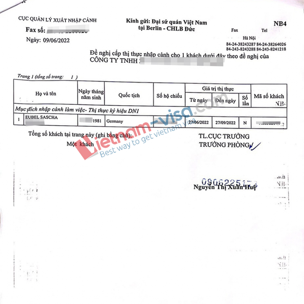 Fax for Vietnam embassy business visa