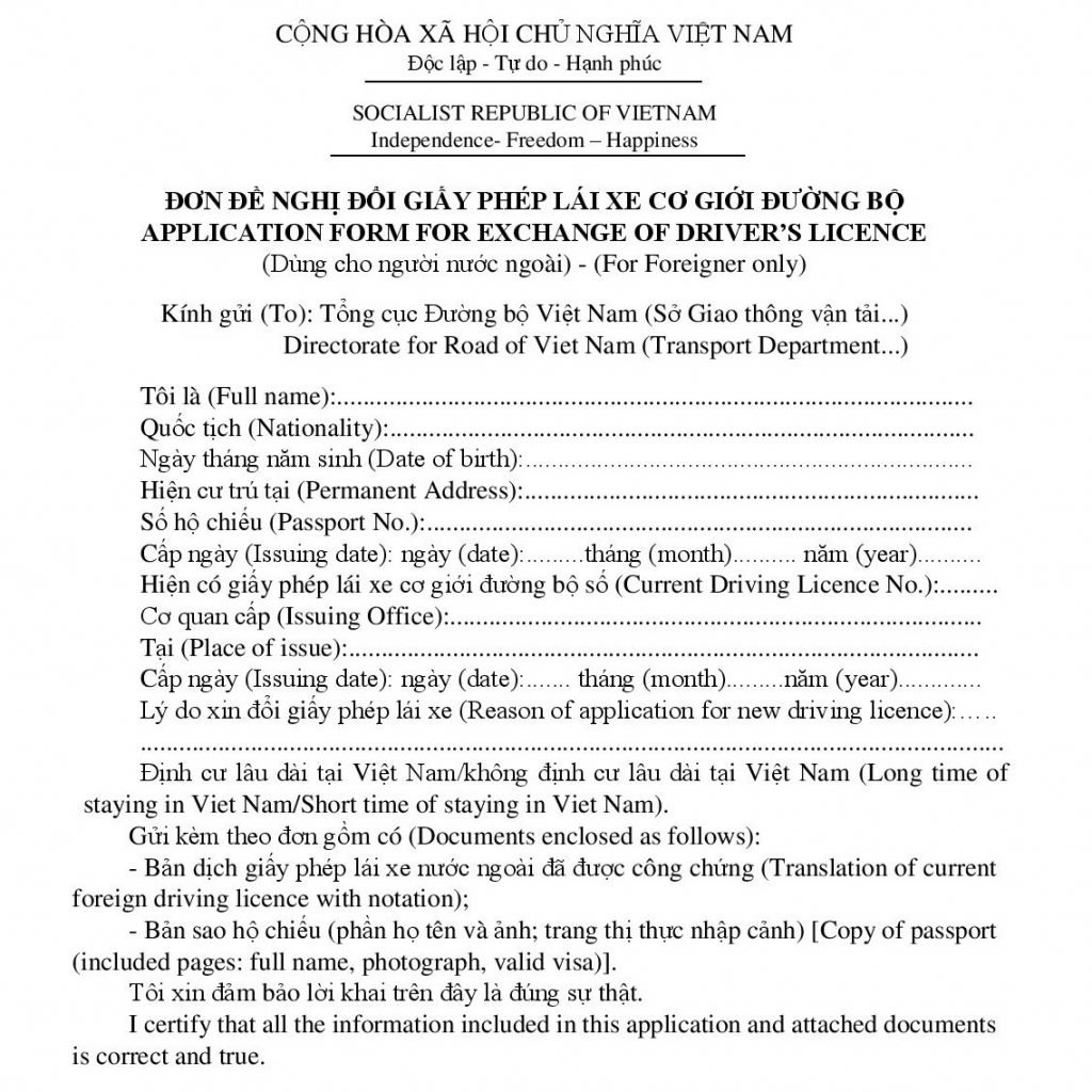 Mẫu đơn đề nghị đổi giấy phép lái xe nước ngoài để sử dụng tại Việt Nam - Vietnam-visa