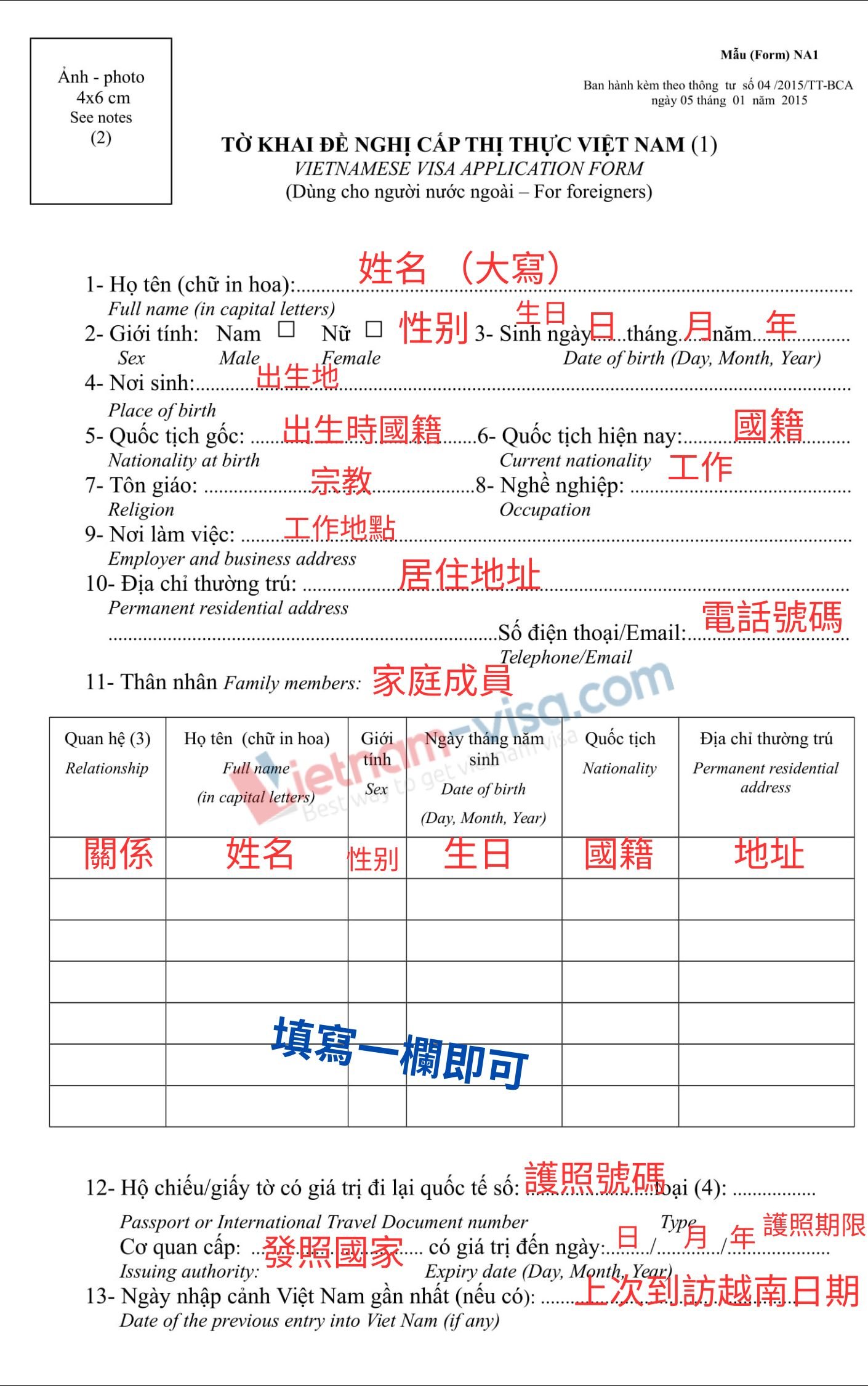 如何填寫申請越南簽證的表格 – NA1表格
