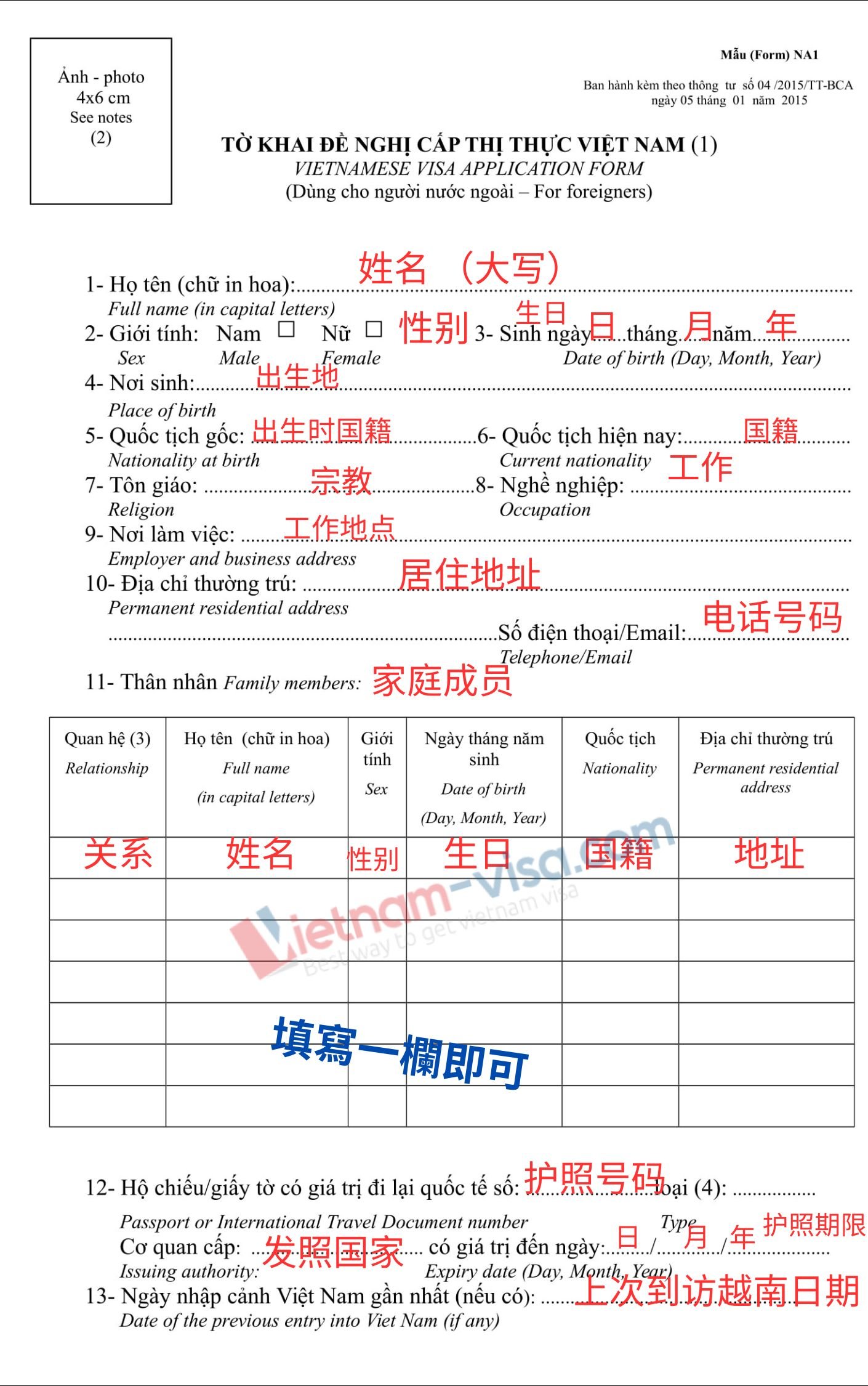 越南入出境申报单 – NA1表格如何填写
