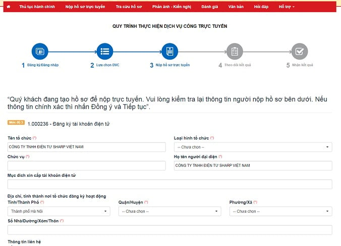 Đăng ký tài khoản định danh điện tử cho doanh nghiệp bước 7
