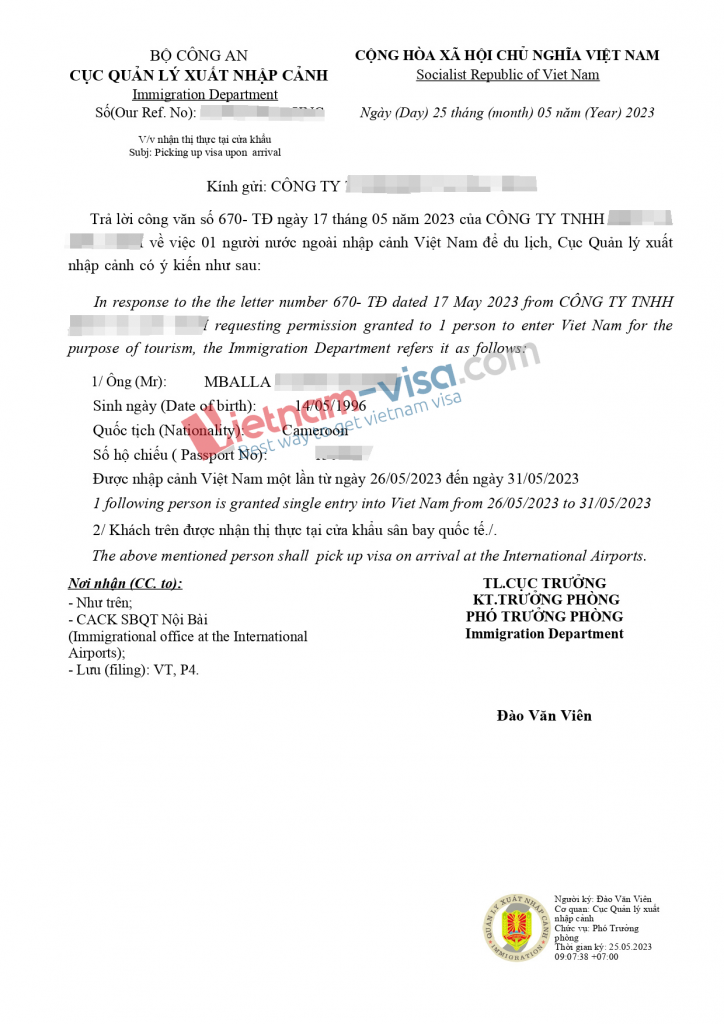 latest Vietnam visa approval letter sample