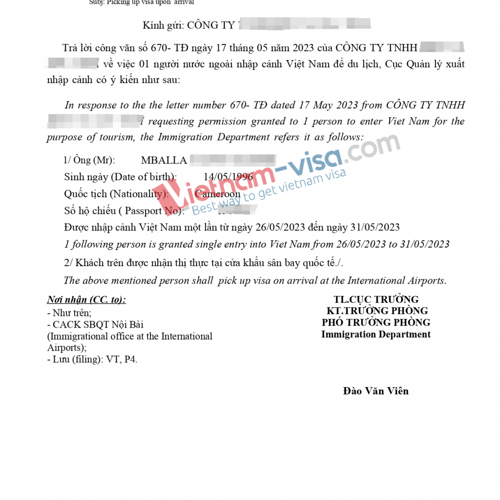 Vietnam visa on arrival approval letter