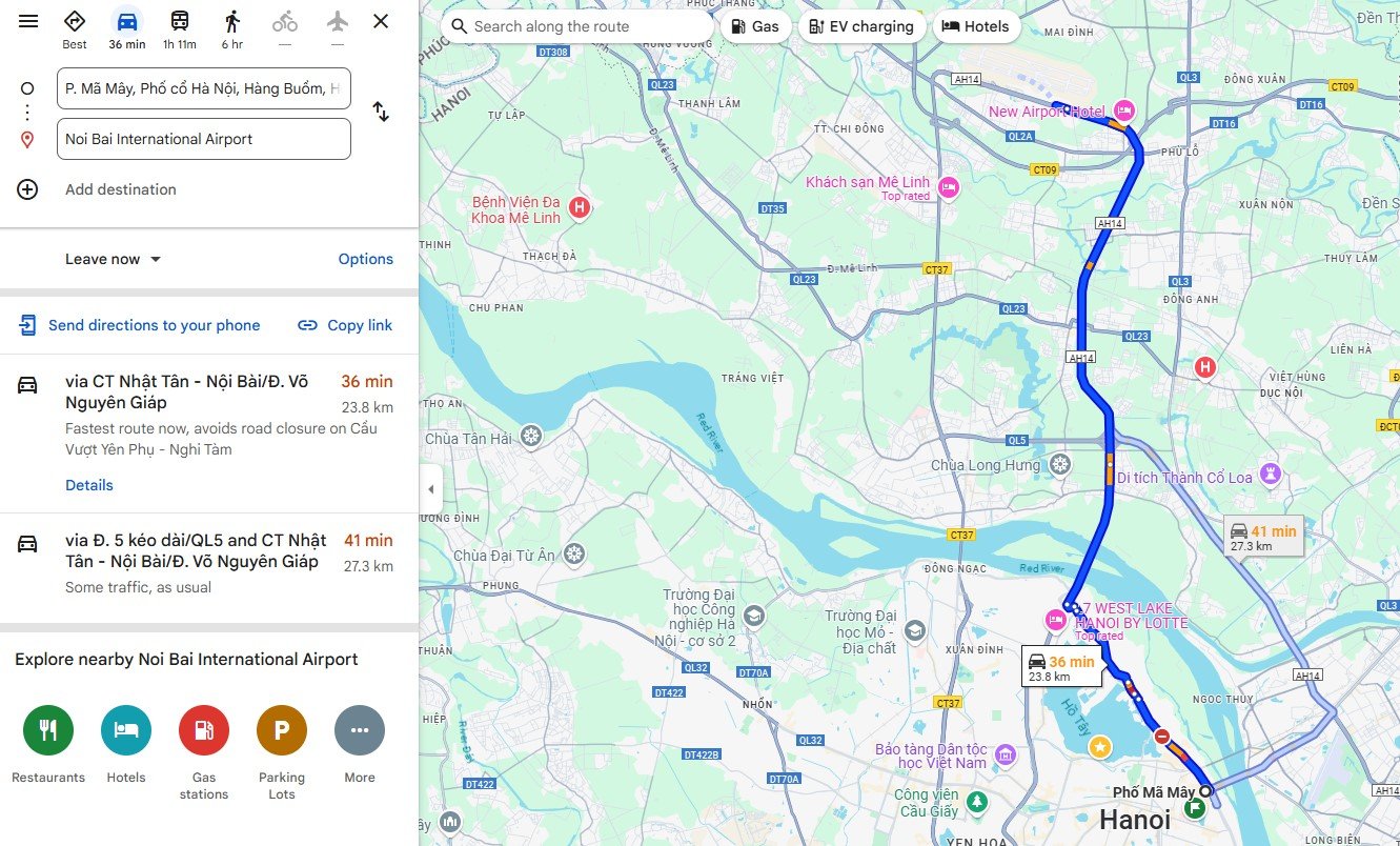 Hanoi to Noi Bai airport distance