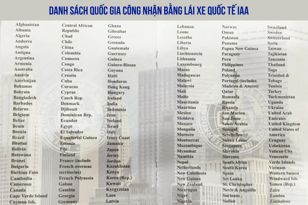 Danh sách các nước chấp nhận Bằng lái xe quốc tế IAA