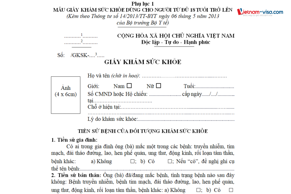 Mẫu giấy khám sức khỏe để làm giấy phép lao động tại Việt Nam
