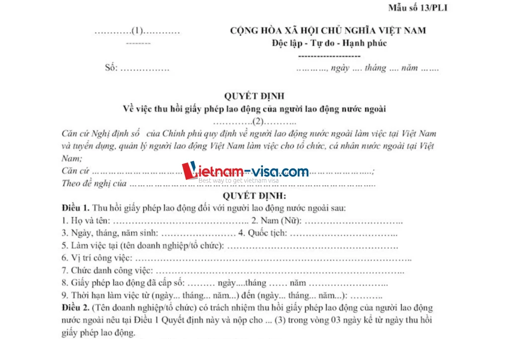 Mẫu công văn thu hồi giấy phép lao động của người nước ngoài